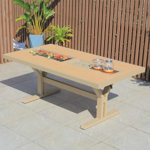 Bàn nhôm ngoài trời dài tích hợp bếp nướng BBQ giữa bàn, phù hợp cho sân vườn