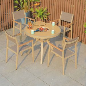 Bộ bàn ghế ngoài trời nhôm 4 ghế textilene màu ghi, bàn tròn có bếp nướng BBQ