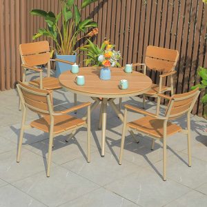 Bộ bàn ghế sân vườn nhôm nhựa giả gỗ 4 ghế 1 bàn tròn, phù hợp không gian ngoài trời