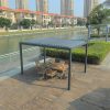 Toàn cảnh pergola nhôm sân vườn với bàn ghế ăn 6 chỗ, mái lá sách che nắng mưa