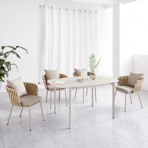 Bộ bàn ghế ngoài trời 7 món màu be sáng, ghế đan dây bản lớn, nệm tựa êm ái