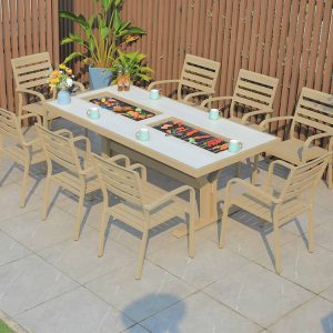 Bộ bàn ghế ngoài trời nhôm đúc 8 ghế lưng ngang, bàn dài có bếp nướng BBQ