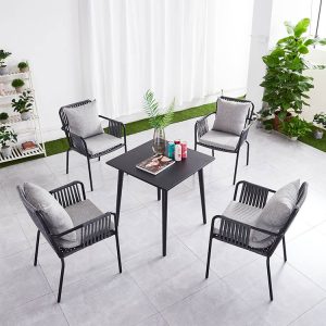 Bộ bàn ghế sân vườn 4 ghế dây rope, nệm ghi, khung nhôm, bàn vuông