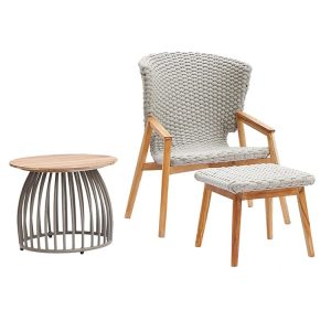 Bộ 3 món ghế thư giãn ngoài trời gỗ teak đan dây rope, bàn phụ mặt gỗ chân sắt
