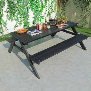Bộ bàn ghế sân vườn liền ghế màu đen, bày trí ngoài trời hiện đại