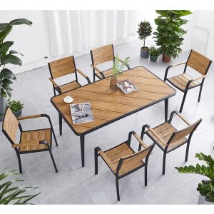 Bộ bàn ghế ngoài trời 6 ghế 1 bàn hiện đại, chất liệu nhôm và nhựa giả gỗ