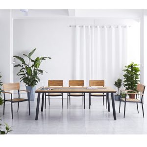 Bộ bàn ghế ngoài trời hiện đại, 8 ghế và bàn chữ nhật lớn, màu gỗ nâu vàng