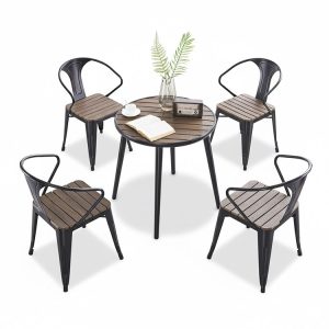 Bộ bàn ghế ngoài trời 5 món bàn tròn mặt gỗ nhựa màu nâu đậm, ghế sắt hiện đại