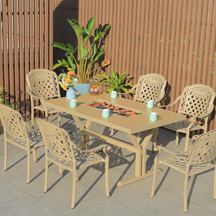 Bộ bàn ghế nhôm đúc ngoài trời 6 ghế lưng caro, bàn chữ nhật, phong cách châu Âu