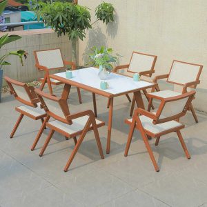 Bộ bàn ăn ngoài trời 6 ghế nhôm giả gỗ mặt kính trắng, phong cách hiện đại, thích hợp cho sân vườn