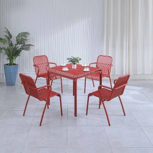 Bộ bàn ghế ngoài trời nhôm đỏ, 5 món, phong cách trẻ trung cho sân vườn quán cafe