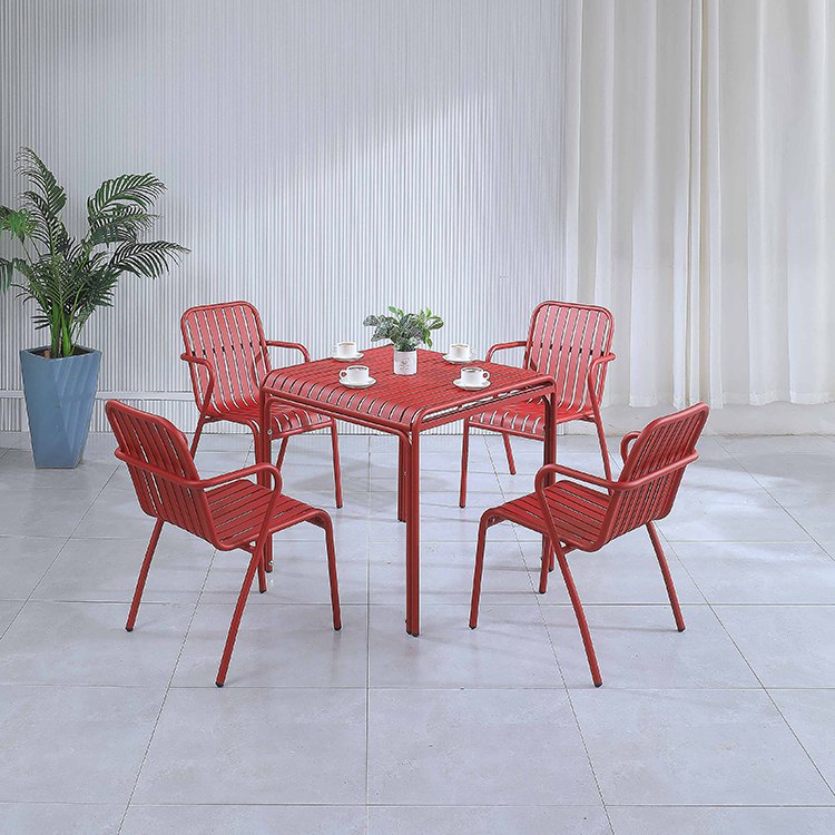 Bộ bàn ghế ngoài trời nhôm đỏ, 5 món, phong cách trẻ trung cho sân vườn quán cafe