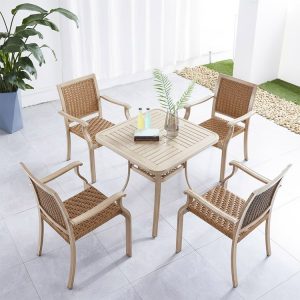 Bộ bàn ghế ngoài trời 4 ghế khung nhôm giả mây màu be, bàn vuông, phù hợp sân vườn ban công