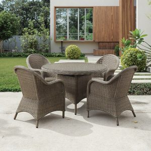 Bộ bàn ghế giả mây ngoài trời 4 ghế 1 bàn tròn, phong cách hiện đại, đặt sân vườn biệt thự