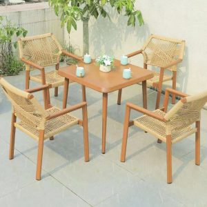 Bộ bàn ghế ngoài trời nhôm dây rope lưng vuông màu nâu, bàn vuông, không nệm