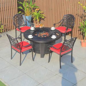 Bộ bàn ghế ngoài trời nhôm đúc 4 ghế, nệm đỏ nổi bật, bàn tròn tích hợp bếp nướng BBQ