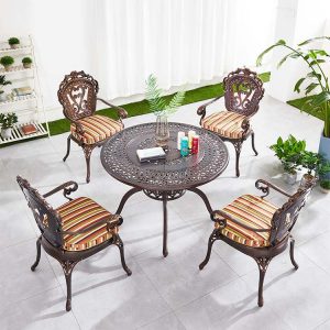 Bộ bàn ghế sân vườn nhôm đúc 4 ghế, thiết kế hoa văn cổ điển, nệm sọc
