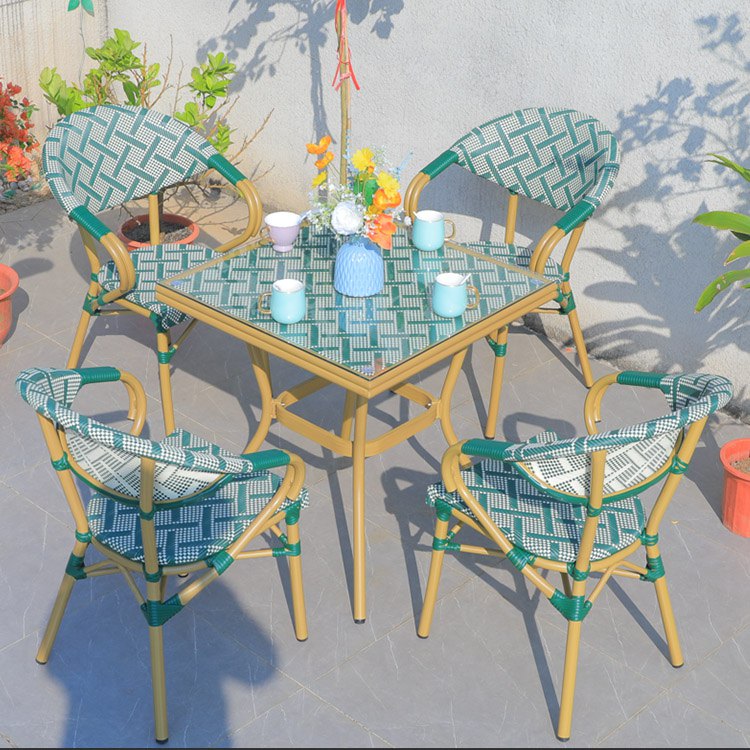 Bộ bàn vuông 4 ghế giả mây màu vàng xanh, phong cách bistro Pháp