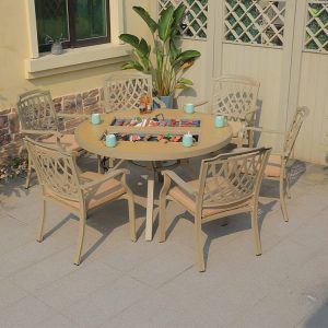 Bộ bàn ghế ngoài trời nhôm 7 món, bàn tròn có bếp nướng, ghế lưng hoa văn, nệm ngồi màu be