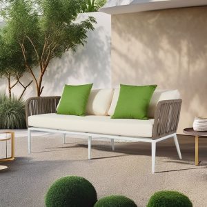 Sofa băng 3 chỗ ngoài trời dây rope, nệm kem, gối xanh phong cách hiện đại