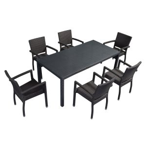 Bộ bàn ghế ngoài trời 7 món nhựa giả mây đen, chụp trên nền trắng, rõ chi tiết sản phẩm