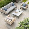 Bộ sofa ngoài trời 4 món khung nhôm, dây đan giả mây, bàn trà mặt kính, nệm xám, phong cách hiện đại