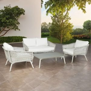 Bộ sofa ngoài trời hiện đại với 2 ghế đơn, 1 sofa đôi và bàn trà, phù hợp sân vườn