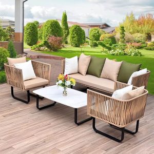 Bộ sofa ngoài trời 4 món hiện đại, dây rope, nệm be, gối xanh rêu, bàn kính, đặt sân vườn