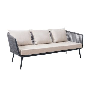 Sofa 3 chỗ ngoài trời khung nhôm, dây rope xám, nệm kem, phong cách hiện đại