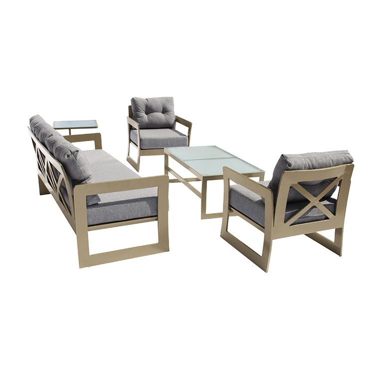Bộ sofa ngoài trời khung nhôm sơn tĩnh điện, phối nệm dày màu ghi