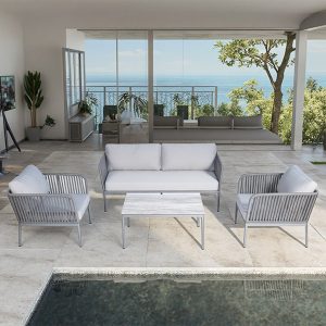 Bộ sofa ngoài trời 4 món màu ghi sáng, khung nhôm, dây đan, bàn trà mặt vân gỗ sang trọng, view biển
