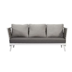 Sofa dài 3 chỗ ngoài trời, khung nhôm trắng, đan dây rope, nệm ghi sáng