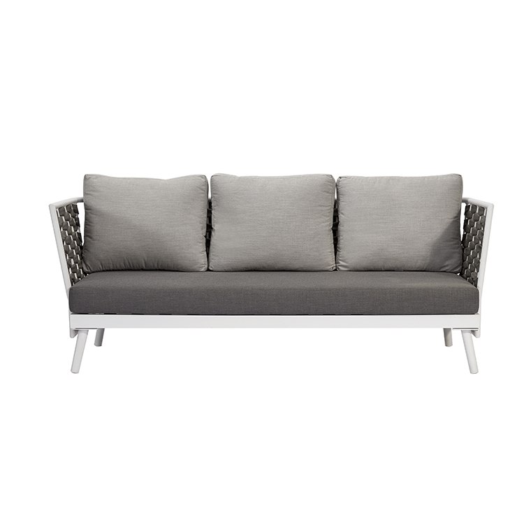 Sofa dài 3 chỗ ngoài trời, khung nhôm trắng, đan dây rope, nệm ghi sáng