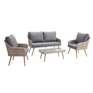 Bộ bàn ghế sofa ngoài trời 4 món giả mây, phối nệm ghi, chụp nền trắng