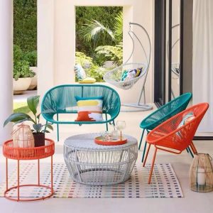 Bộ bàn ghế ngoài trời hiện đại nhiều màu sắc nổi bật, gồm sofa đôi, 2 ghế đơn và 2 bàn trà, phù hợp sân vườn, ban công