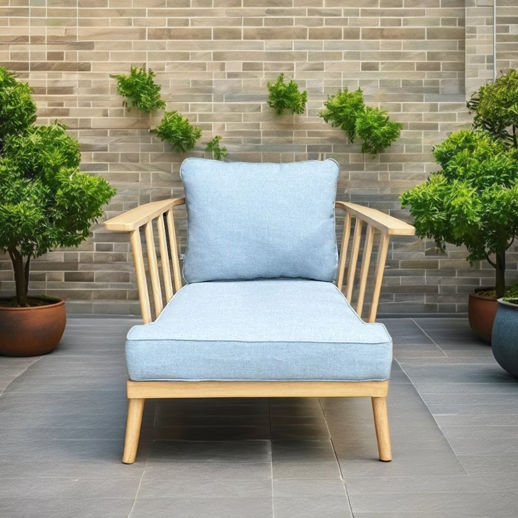 Ghế đơn sofa sân vườn khung nhôm giả gỗ, nệm dày màu xanh dương nhạt, phù hợp không gian ngoài trời