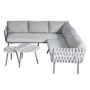 Bộ sofa ngoài trời góc L màu xám nhạt, bàn trà đôi mặt đá sang trọng
