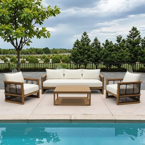 Bộ sofa ngoài trời gỗ teak, nệm kem, bên hồ bơi, thiết kế sang trọng
