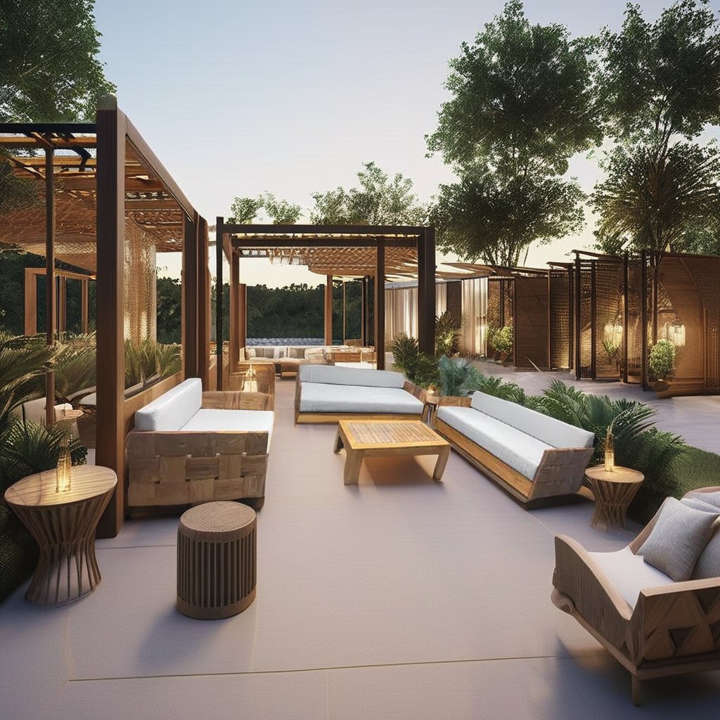 Sofa ngoài trời gỗ teak, nệm dày, bố trí không gian resort sang trọng