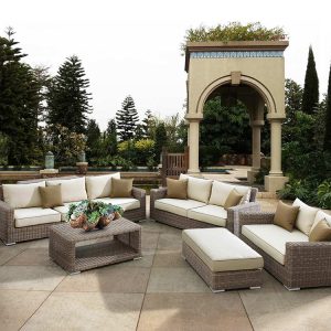 Bộ sofa sân vườn giả mây cao cấp, gồm sofa dài, ghế đơn, bàn trà và đôn, phù hợp không gian ngoài trời