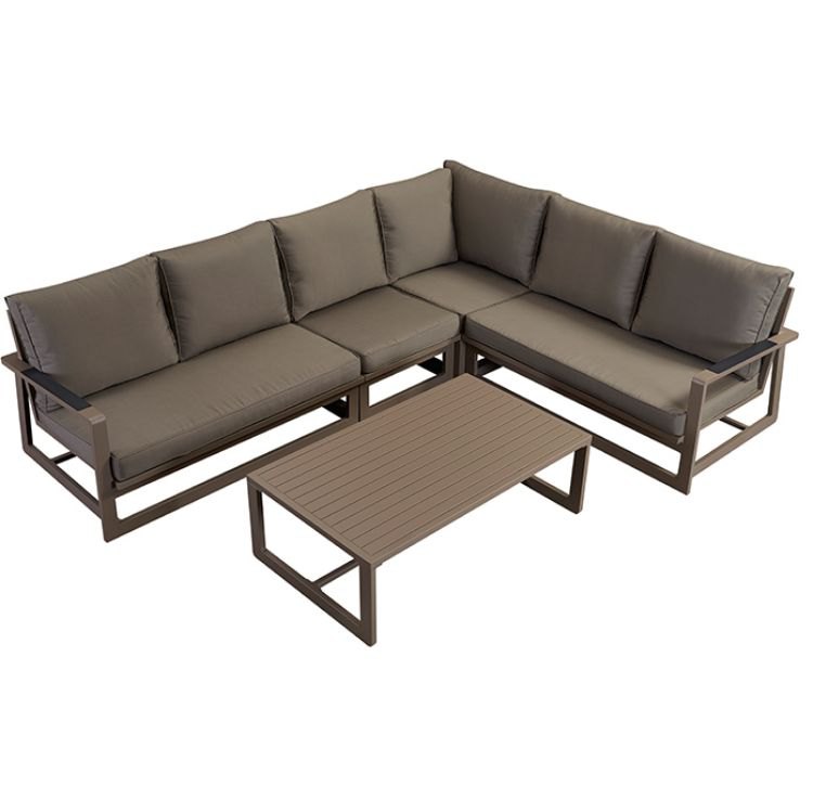 Bộ sofa góc L ngoài trời nhìn từ trên xuống, thiết kế hiện đại, màu nâu xám