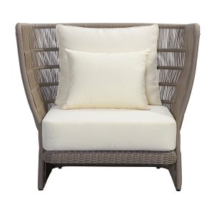 Ghế đơn sofa ngoài trời đan dây nhựa giả mây, nệm dày màu kem