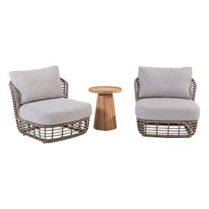 Hai ghế đơn sofa ngoài trời và bàn phụ nhỏ, khung nhôm đan dây nhựa giả mây