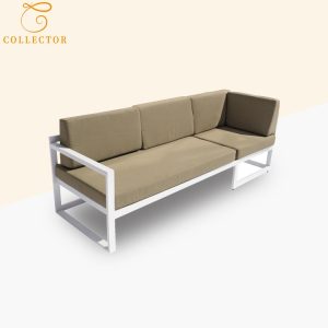 Ghế sofa góc ngoài trời khung nhôm trắng, nệm dày màu nâu be hiện đại