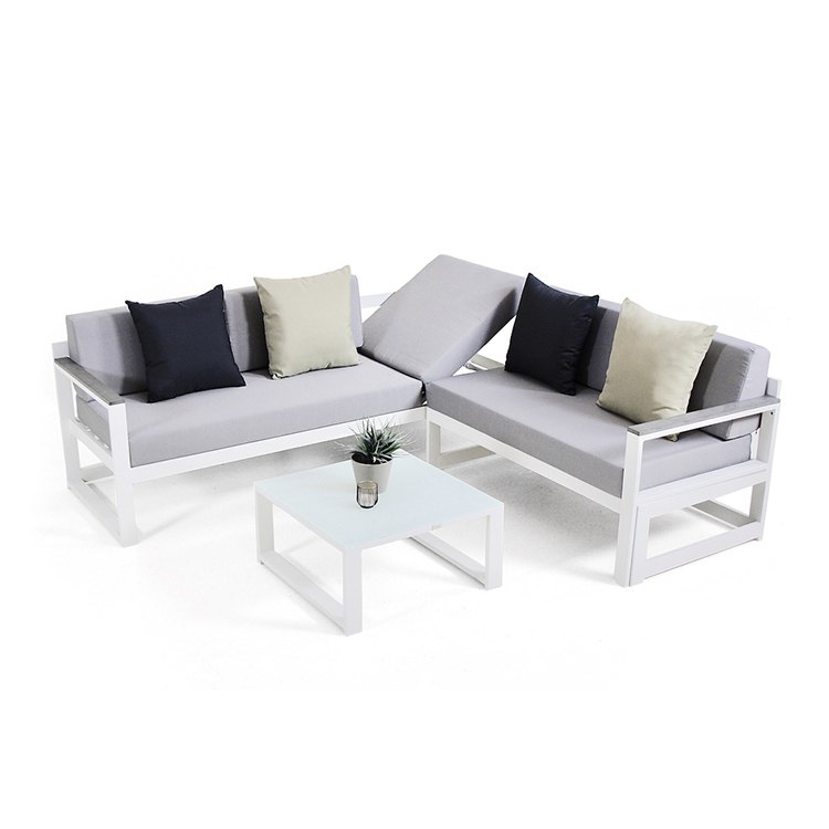 Bộ sofa ngoài trời góc L với tựa lưng điều chỉnh, khung nhôm trắng sang trọng