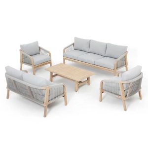 Bộ bàn ghế sofa ngoài trời gỗ teak, dây rope, phong cách farmhouse sang trọng
