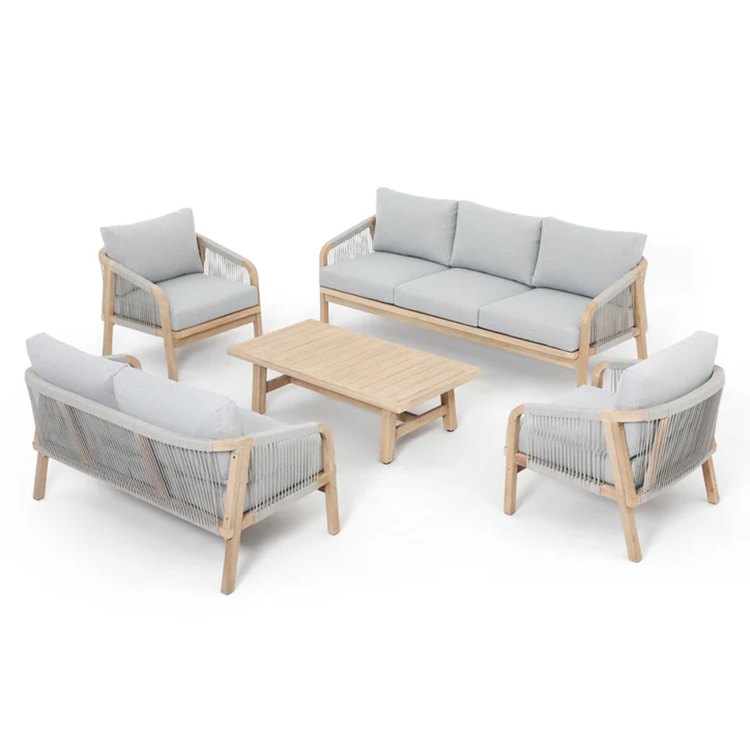 Bộ bàn ghế sofa ngoài trời gỗ teak, dây rope, phong cách farmhouse sang trọng