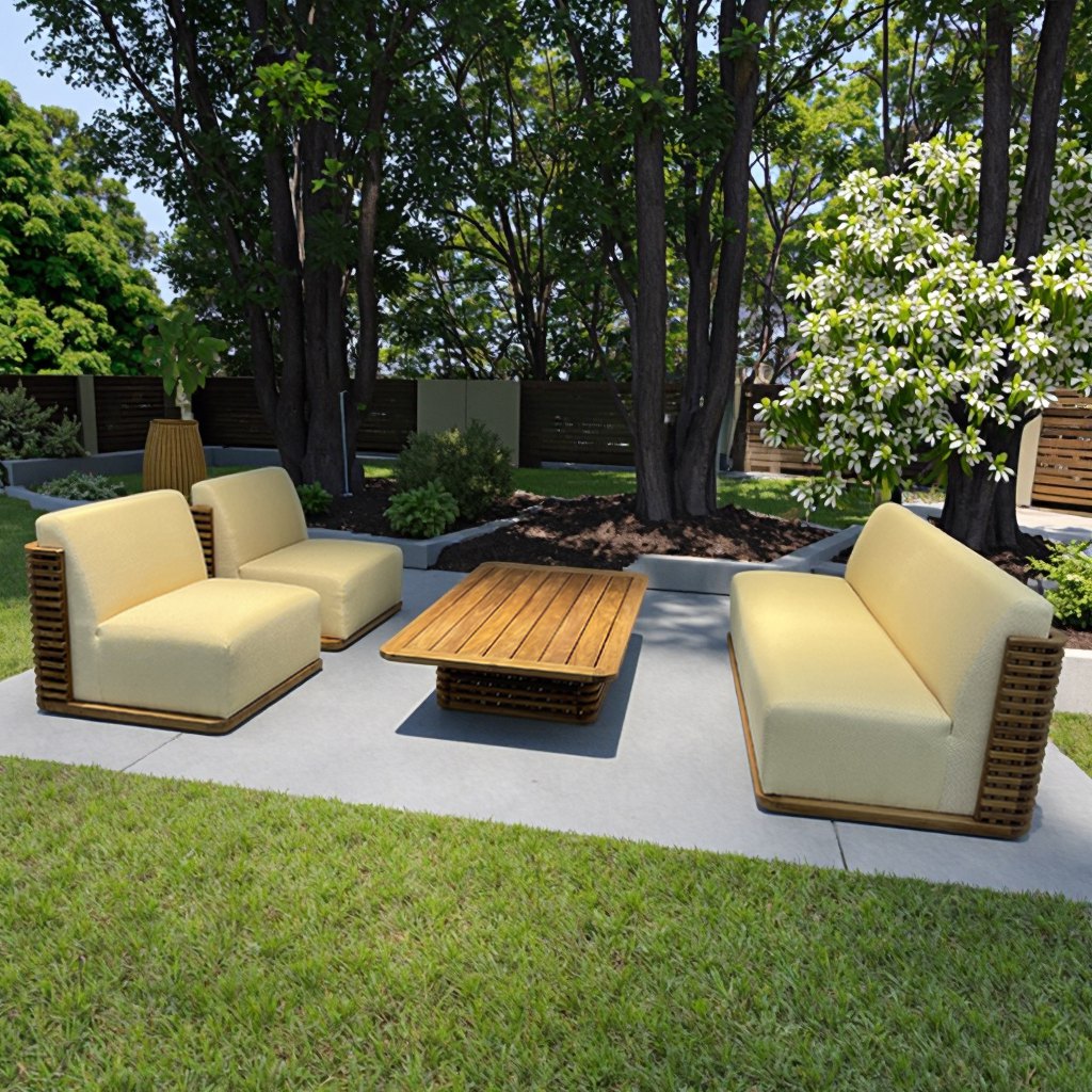 Bộ sofa ngoài trời gỗ teak, nệm vàng nhạt, gồm sofa dài, 2 ghế đơn và bàn trà, phù hợp sân vườn