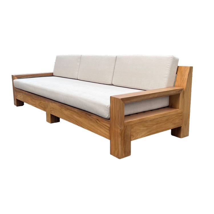 Sofa dài 3 chỗ gỗ teak, nệm kem dày, phong cách hiện đại tối giản