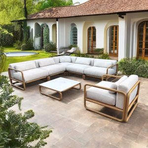 Bộ sofa ngoài trời hiện đại khung nhôm màu gỗ, nệm dày, bàn trà vuông mặt kính đá trắng